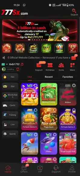 777sx online game dashboard. screenshot