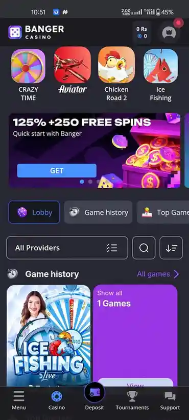 Bango Game Mobile interface screenshot