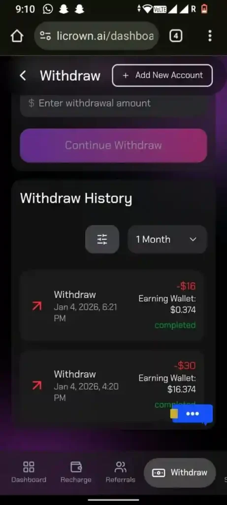 Licrown Ai withdrawal screenshot