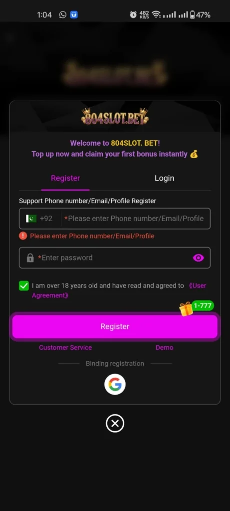 804slots game registration screenshot